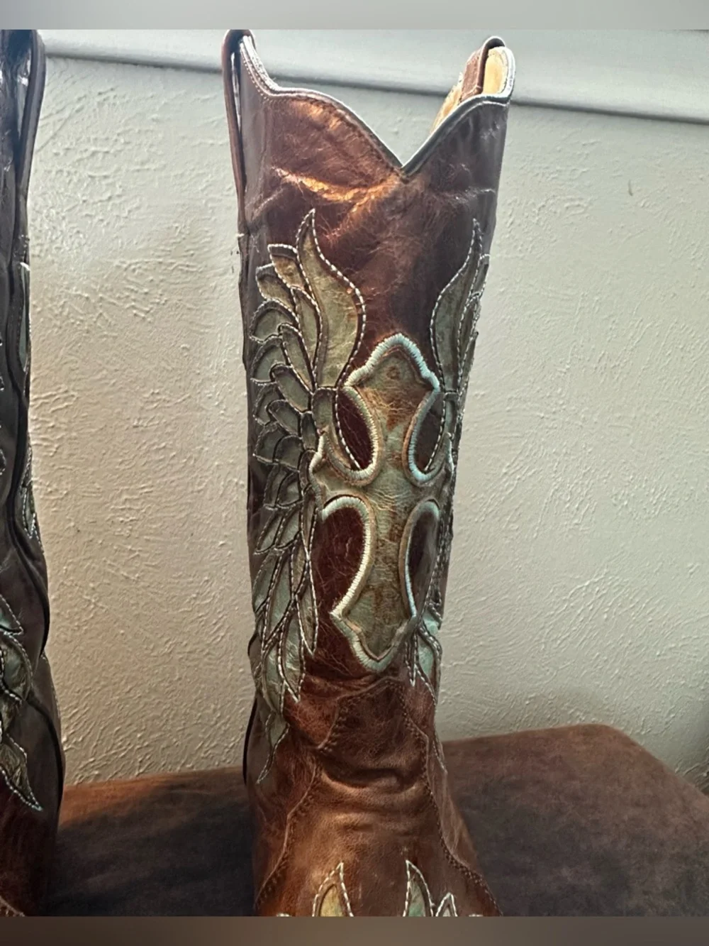 Rock N Soul Couture Embroidered Copper Leather Cowboy Boots Turquoise Accents - Picture 3 of 11